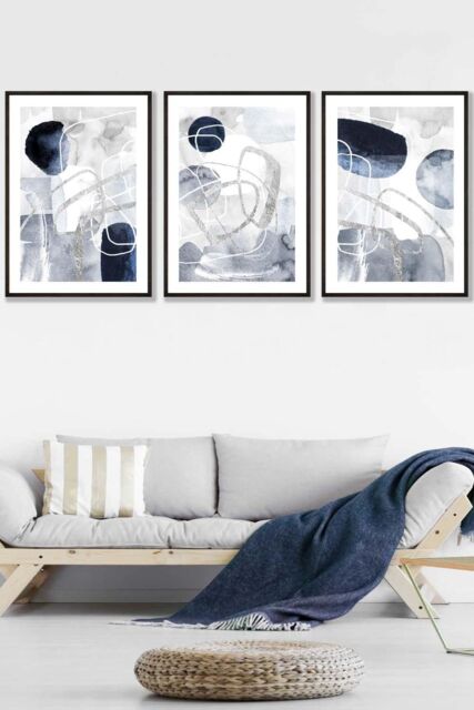 ARTZE Set of 3 Black Framed Abstract Navy Blue & Silver Watercolour Shapes Wall Art - Size: W45 cm x H62 cm x D20mm - image 1