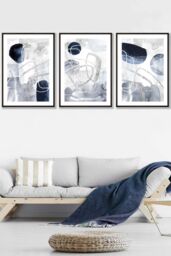 ARTZE Set of 3 Black Framed Abstract Navy Blue & Silver Watercolour Shapes Wall Art - Size: W45 cm x H62 cm x D20mm