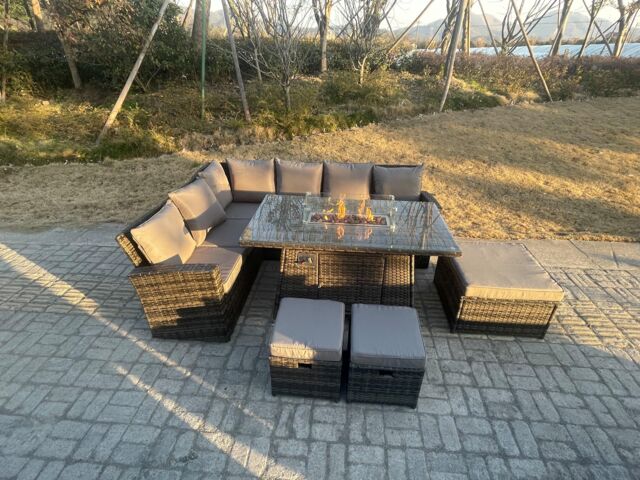 Fimous High Back Rattan Garden Furniture Sets Gas Fire Pit Dining Table Left Corner Sofa Small Footstools Chair 9 Seater in Dark Grey - image 1