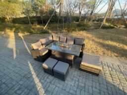 Fimous High Back Rattan Garden Furniture Sets Gas Fire Pit Dining Table Left Corner Sofa Small Footstools Chair 9 Seater in Dark Grey - thumbnail 3