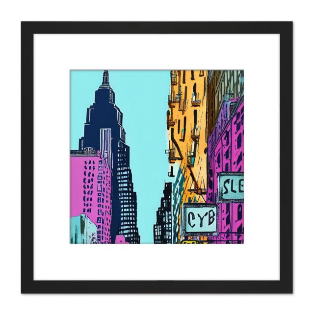 Artery8 New York Cityscape Modern Abstract Vibrant Blue Pink Yellow Navy Painting Square Wooden Framed Wall Art Print Picture 8X8 Inch in Black - image 1
