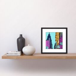 Artery8 New York Cityscape Modern Abstract Vibrant Blue Pink Yellow Navy Painting Square Wooden Framed Wall Art Print Picture 8X8 Inch in Black - thumbnail 2
