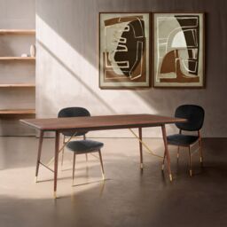 Orsina Stunning Design Walnut Wood & Brass Finish Dining Table, Durable Small Dining Table, Sleek Modern Table in Brown
