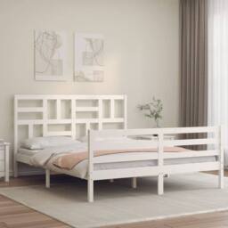 Berkfield Home Beautiful Bed Frame with Headboard White 160x200 cm Solid Wood - thumbnail 2