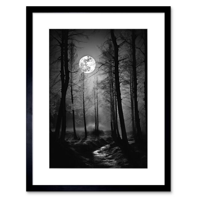 "Artery8 Wall Art Print Full Moon Over Misty Forest Black & White Photo Artwork Framed 9X7 Inch - Size: W7"" x H9""" - image 1