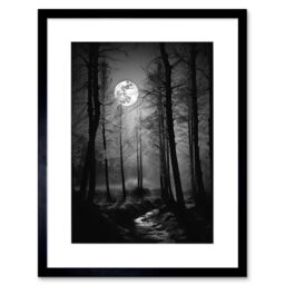 "Artery8 Wall Art Print Full Moon Over Misty Forest Black & White Photo Artwork Framed 9X7 Inch - Size: W7"" x H9""" - thumbnail 1