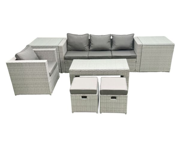Fimous Rattan Garden Furniture Set Outdoor Lounger Sofa with Coffee Table 2 Small Footstools 2 Side Tables Light Grey Mixed - image 1