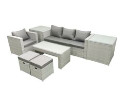 Fimous Rattan Garden Furniture Set Outdoor Lounger Sofa with Coffee Table 2 Small Footstools 2 Side Tables Light Grey Mixed - thumbnail 2