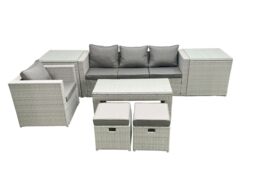 Fimous Rattan Garden Furniture Set Outdoor Lounger Sofa with Coffee Table 2 Small Footstools 2 Side Tables Light Grey Mixed - thumbnail 1