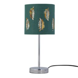 First Choice Lighting Chrome Stick Table Lamp with Dark Green Fern Cut Out Shade in Silver