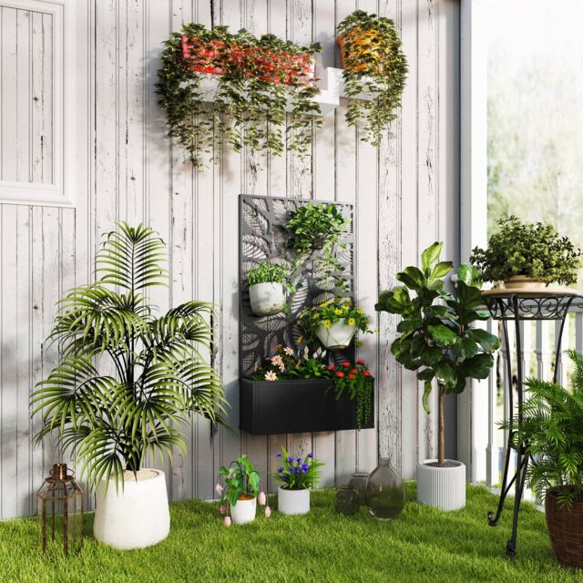 OUTSUNNY Garden Bed with Privacy Screen, Metal Raised Planter in Black - image 1