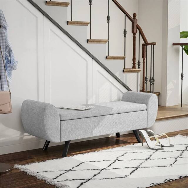 EONLION Storage Ottoman with Armrest, Linen Storage Bench in Light Grey - Size: 100 cm - image 1
