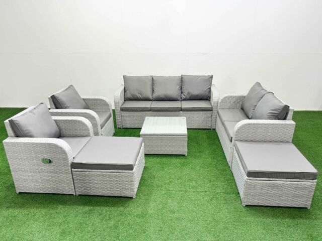Fimous PE Rattan Garden Furniture Set Adjustable Chair Sofa Double Love Seat 2 Seater Sofa Lounge Set Square Coffee Table 2 Big Footstool Light Grey - image 1