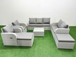 Fimous PE Rattan Garden Furniture Set Adjustable Chair Sofa Double Love Seat 2 Seater Sofa Lounge Set Square Coffee Table 2 Big Footstool Light Grey - thumbnail 1