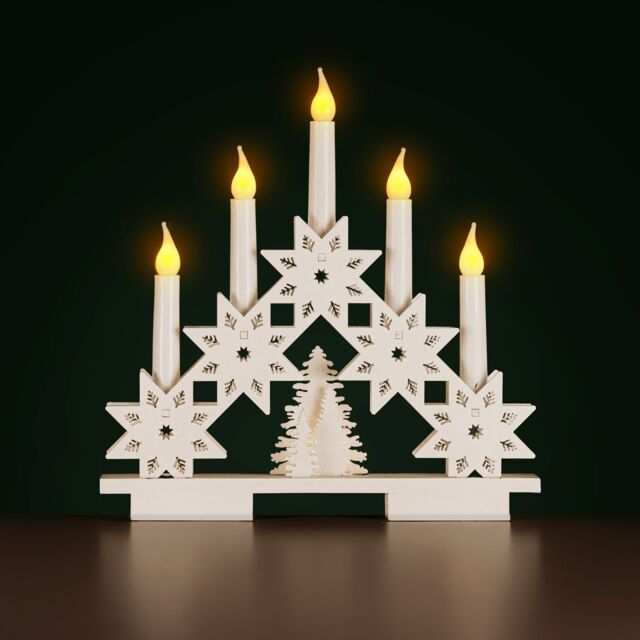Marco Paul Wooden Star Christmas Candle Bridge with 5 Faux Candle Arch in White - image 1