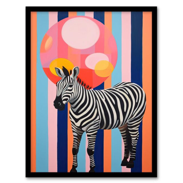 "Wee Blue Coo Wall Art Print Party Animal Zebra Stripes & Balloon Orange Pink Blue Fun Oil Painting Art Framed - Size: W12"" x H16""" - image 1
