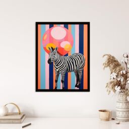 "Wee Blue Coo Wall Art Print Party Animal Zebra Stripes & Balloon Orange Pink Blue Fun Oil Painting Art Framed - Size: W12"" x H16""" - thumbnail 4