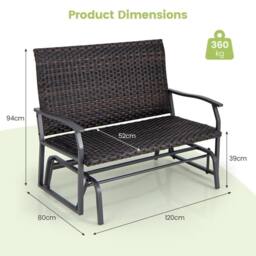 Costway Outdoor Glider Bench 2-Person Rattan Rocking Chair Garden Loveseat in Brown - thumbnail 3