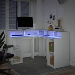 Berkfield Home Desk with LED Lights White 130x130x91 cm Engineered Wood - Size: 130 x 130 x 91 cm - thumbnail 5