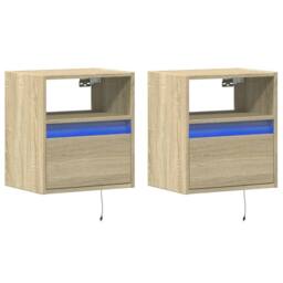 Berkfield Home Wall-mounted Bedside Cabinets with LED Lights 2 pcs Sonoma Oak in Tan - thumbnail 3