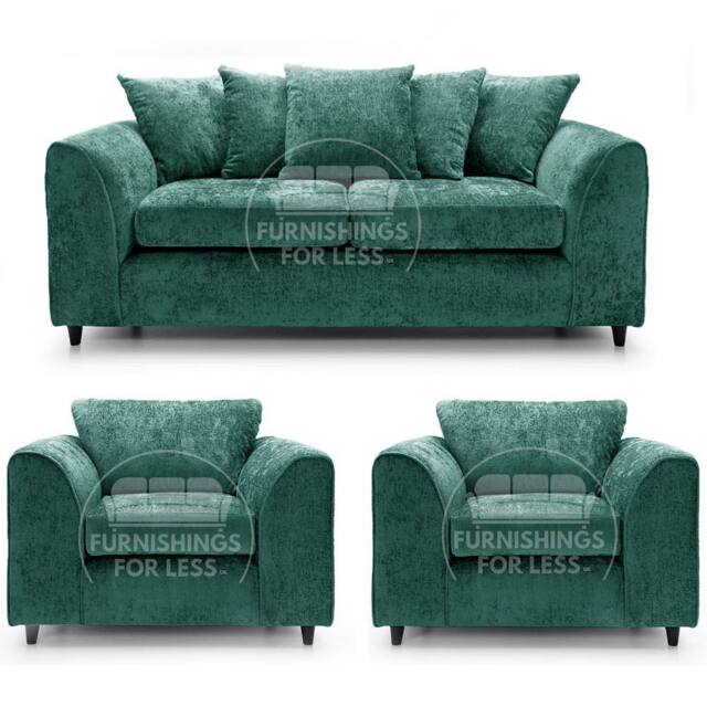 Furnishings For Less UK Monaco Chenille Fabric 3 Piece Sofa Suite - 3 Seater & 2 Armchairs in Teal - image 1
