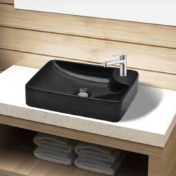 Berkfield Home Ceramic Bathroom Sink Basin with Faucet Hole Black - thumbnail 1