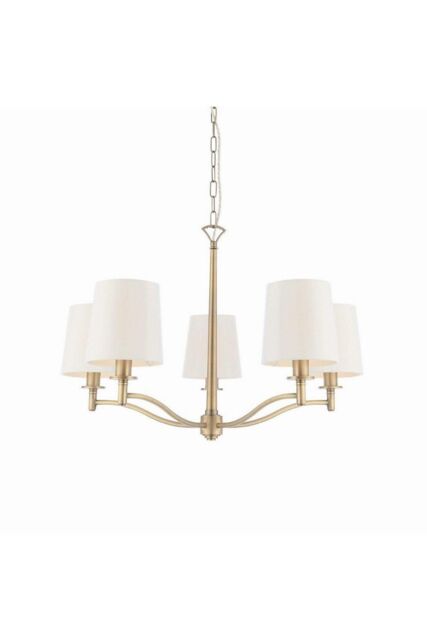 Netlighting Ortona 5 Light Multi Arm Pendant Matt Antique Brass Vintage White Faux Silk E14 in Gold