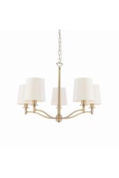 Netlighting Ortona 5 Light Multi Arm Pendant Matt Antique Brass Vintage White Faux Silk E14 in Gold