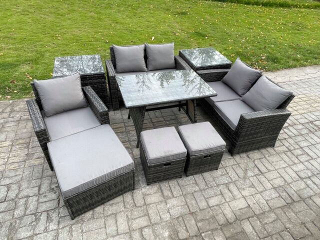 Fimous Garden Dining Set Wicker PE Rattan Outdoor Furniture Sofa with Rectangular Dining Table Double Seat Sofa 2 Side Tables 3 Footstools