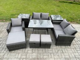 Fimous Garden Dining Set Wicker PE Rattan Outdoor Furniture Sofa with Rectangular Dining Table Double Seat Sofa 2 Side Tables 3 Footstools - thumbnail 2
