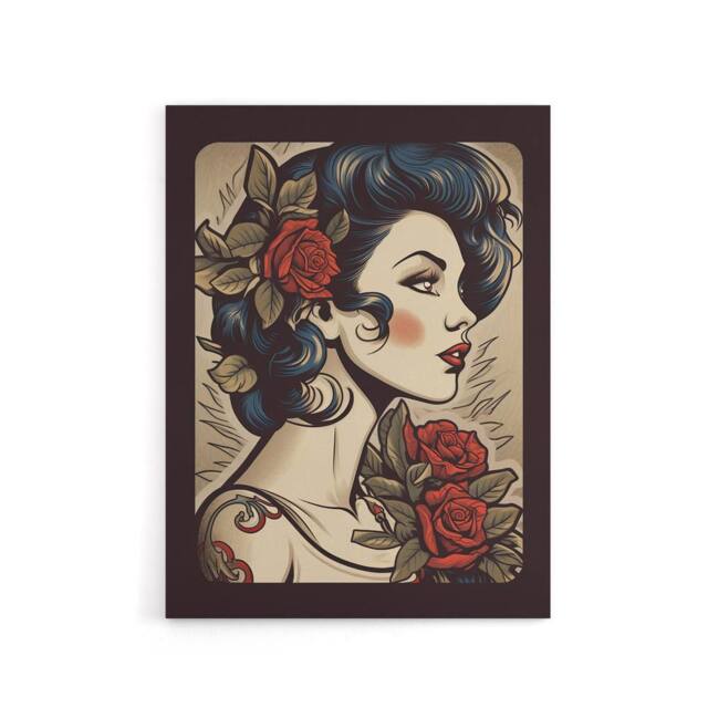 "Artery8 Pin Up Floral Rockabilly Tattoo Style Canvas Wall Art Print in Red - Size: W24"" x H32""" - image 1