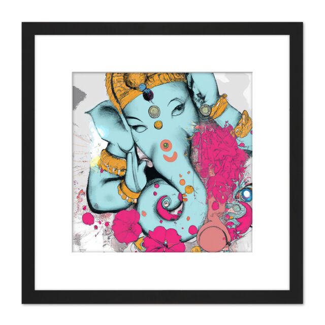 Artery8 Ganesha Hindu Elephant Head God Ganapati Religion Mindfulness Square Wooden Framed Wall Art Print Picture 8X8 Inch in Black - image 1