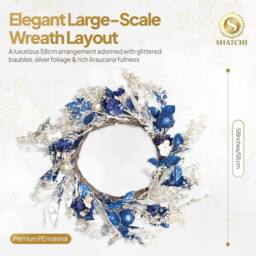 Shatchi 58cm Baubles Wreath Gold/Blue Christmas Decorative Wreath in Blue - Size: 600mm - thumbnail 6