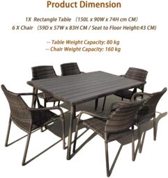 FURNITURE ONE 120X84CM Rectangular Table & 4 Armchairs Furniture Set, Metal Frame in Brown - Size: 4 Person - thumbnail 2