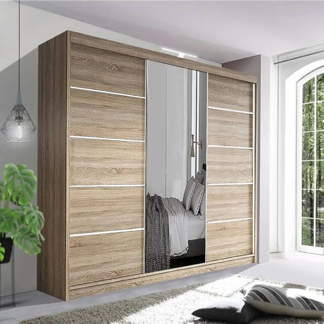 Interior Emporium Ltd IE Oslo Wradrobe with Rails & Shelves with LED Light Sliding Door Wardrobe with LED Light ( Oak, 250 cm ) in Light Oak - image 1