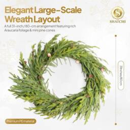 Shatchi Araucaria Wreath Set 60cm Hanging Wreaths PE Green Wreath for Decor - Size: 600mm - thumbnail 6