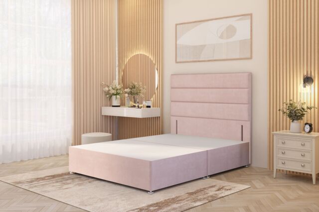 Somnior Chambery Divan Bed Frame with Floor Standing Headboard Plush Velvet in Pink - Size: Single - image 1
