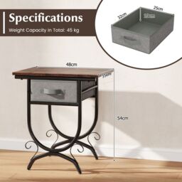 Gymax Nightstand Industrial 2-tier Accent Bedside Table With Fabric Drawer in Brown - thumbnail 3