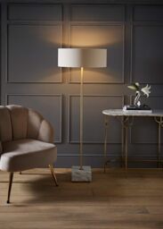 ValueLights Brit Marble Floor Lamp with Natural Linen Drum Lamp Shade & LED Bulb - thumbnail 2