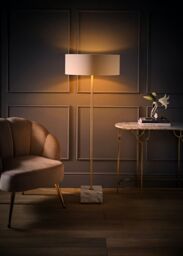 ValueLights Brit Marble Floor Lamp with Natural Linen Drum Lamp Shade & LED Bulb