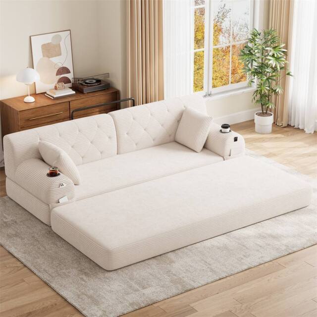 Direct Wicker 3-Seater Corduroy Sofa Bed with Cup Holders & Side Storage Pockets in Beige - Size: 3 Seater - image 1