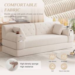 Direct Wicker 3-Seater Corduroy Sofa Bed with Cup Holders & Side Storage Pockets in Beige - Size: 3 Seater - thumbnail 6