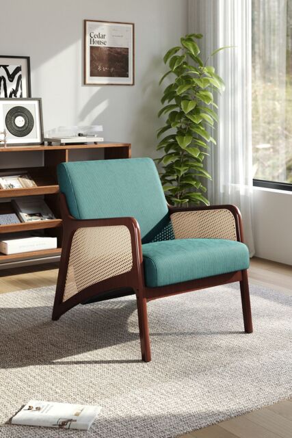 H&O Direct Green Backrest Corduroy Upholstered Armchair with Rattan Armrest - image 1
