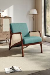 H&O Direct Green Backrest Corduroy Upholstered Armchair with Rattan Armrest - thumbnail 2