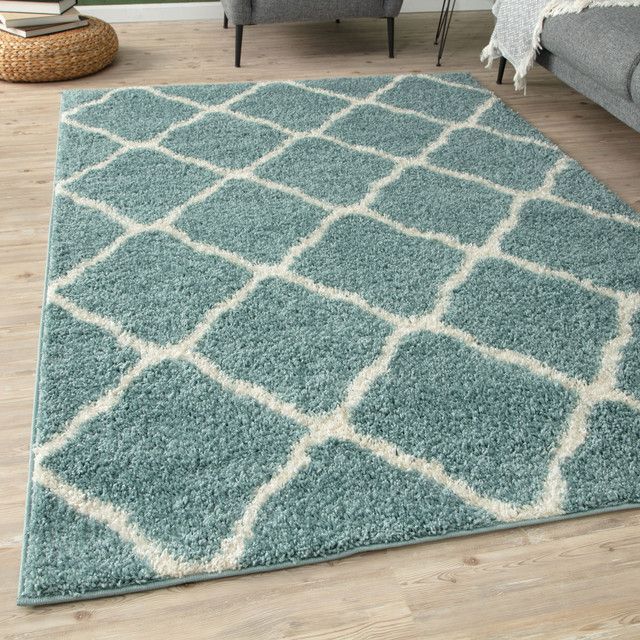 THE RUGS Moroccan Soft High Pile Shaggy Lattice Rugs & Runners Living Room in Duck Egg Blue - Size: 80 cm x 150 cm - image 1