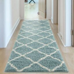 THE RUGS Moroccan Soft High Pile Shaggy Lattice Rugs & Runners Living Room in Duck Egg Blue - Size: 80 cm x 150 cm - thumbnail 4