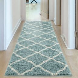 THE RUGS Moroccan Soft High Pile Shaggy Lattice Rugs & Runners Living Room in Duck Egg Blue - Size: 80 cm x 150 cm - thumbnail 9