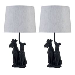 First Choice Lighting Set of 2 Friends - Two Dog Table Lamps With Oatmeal Linen Shade in Black