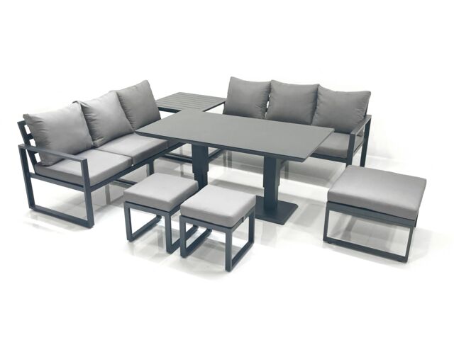 Fimous 9 Seater Aluminium Outdoor Garden Furniture Set with Adjustable Rising Lifting Dining Table 3 Seater Sofa 3 Footstools Side Table Dark Grey - image 1