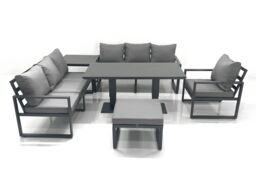 Fimous Outdoor Garden Furniture Set Aluminium Lounge Sofa Adjustable Rising Lifting Dining Table Sets with Big Footstool Side Table Dark Grey - thumbnail 1
